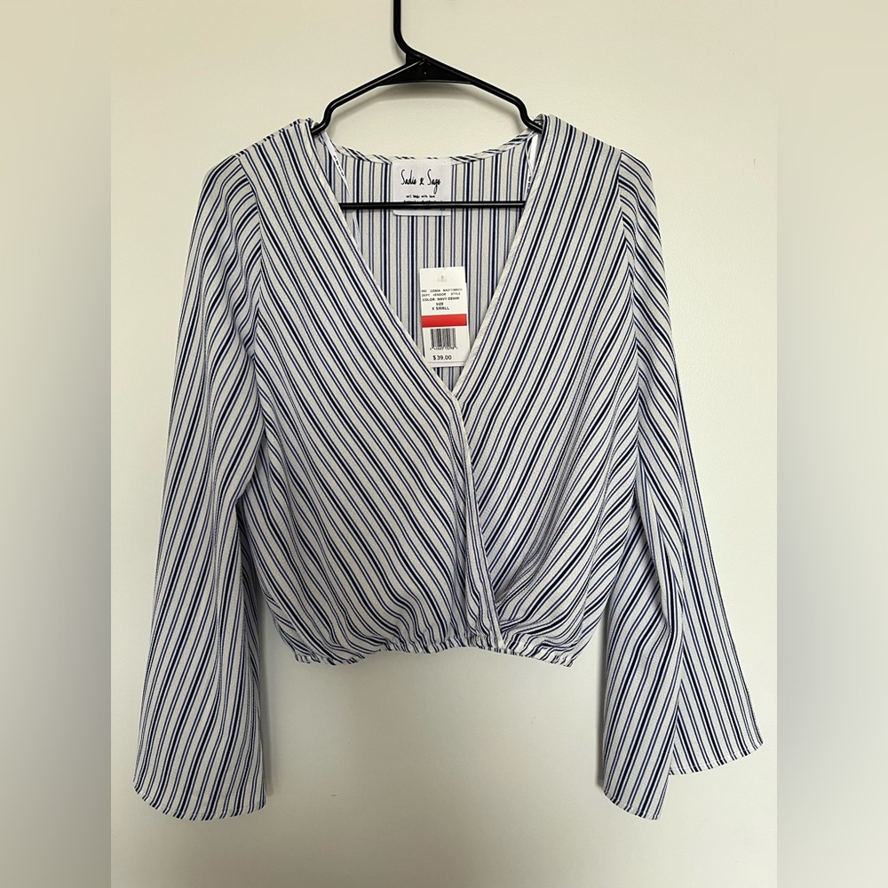 Sadie & Sage Navy Denim Long Sleeve Crop Top, Size XS